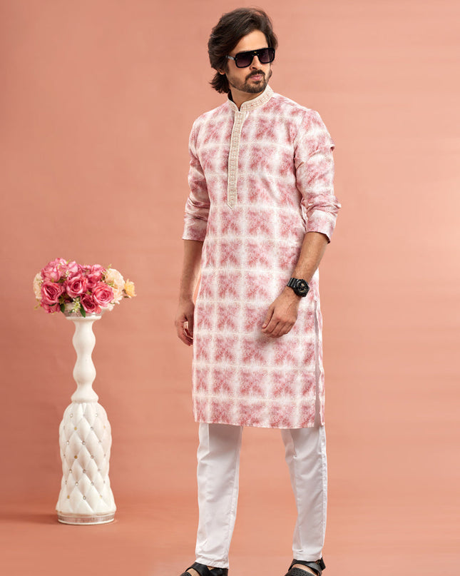 Pink Cotton Mens Kurta Pajama Set