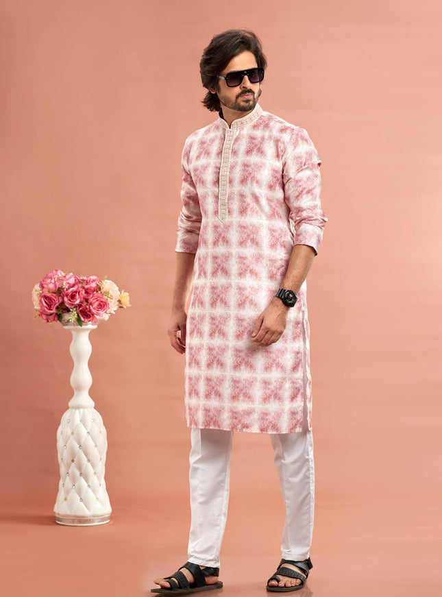 Pink Cotton Mens Kurta Pajama Set