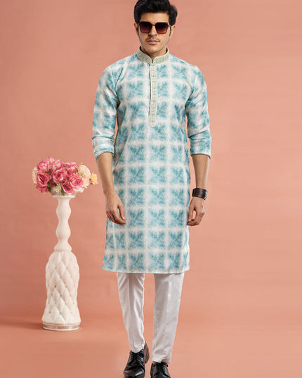 Teal Cotton Mens Kurta Pajama Set