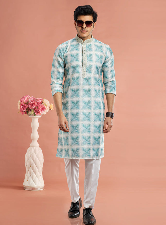 Teal Cotton Mens Kurta Pajama Set