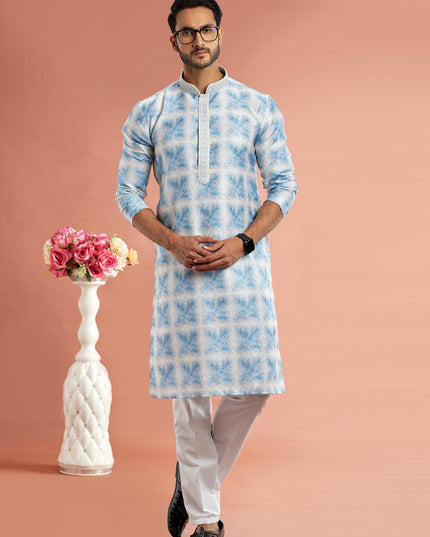 Blue Cotton Mens Kurta Pajama Set