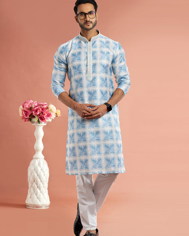 Blue Cotton Mens Kurta Pajama Set