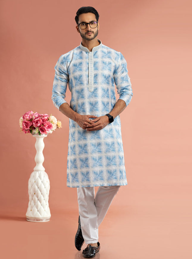 Blue Cotton Mens Kurta Pajama Set