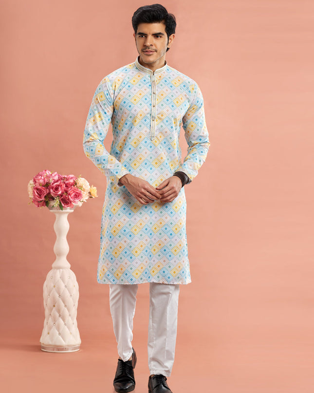 Multicolor Cotton Mens Kurta Pajama Set