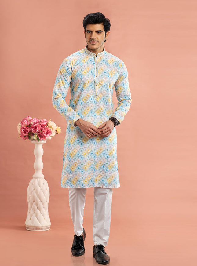 Multicolor Cotton Mens Kurta Pajama Set