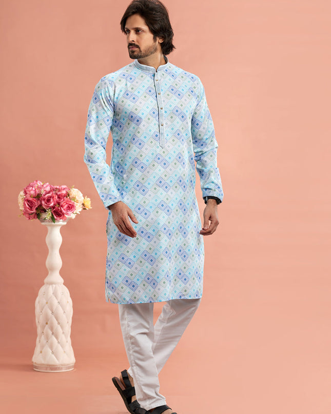 Sky Blue Cotton Mens Kurta Pajama Set