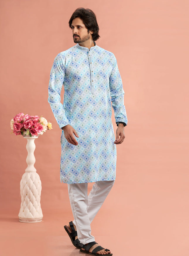 Sky Blue Cotton Mens Kurta Pajama Set