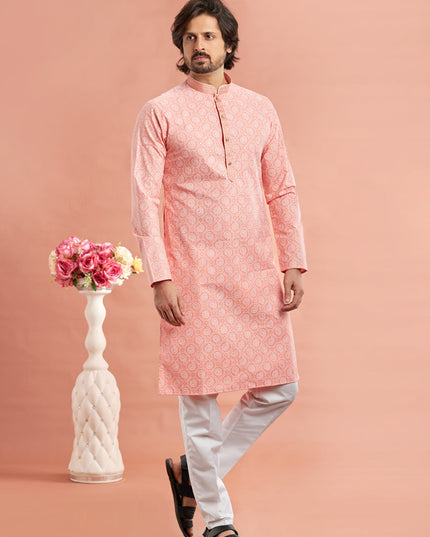 Peach Cotton Mens Kurta Pajama Set