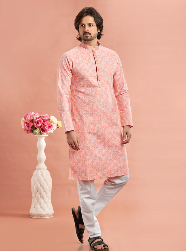 Peach Cotton Mens Kurta Pajama Set