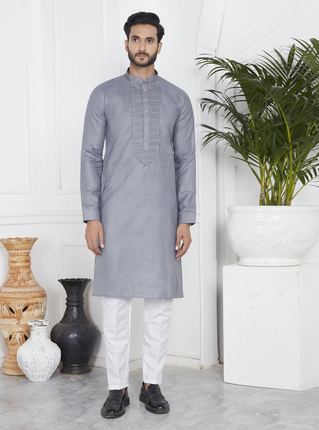 Grey Cotton Kurta Pyajama Set