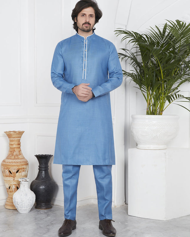 Sky Blue Cotton Kurta Pyajama Set