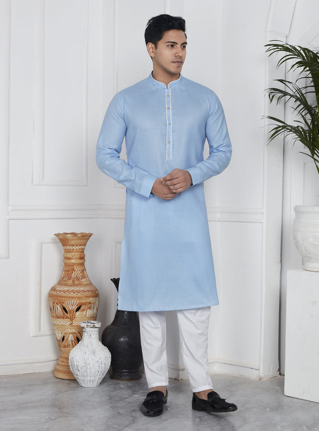 Sky Blue Cotton Kurta Pyajama Set