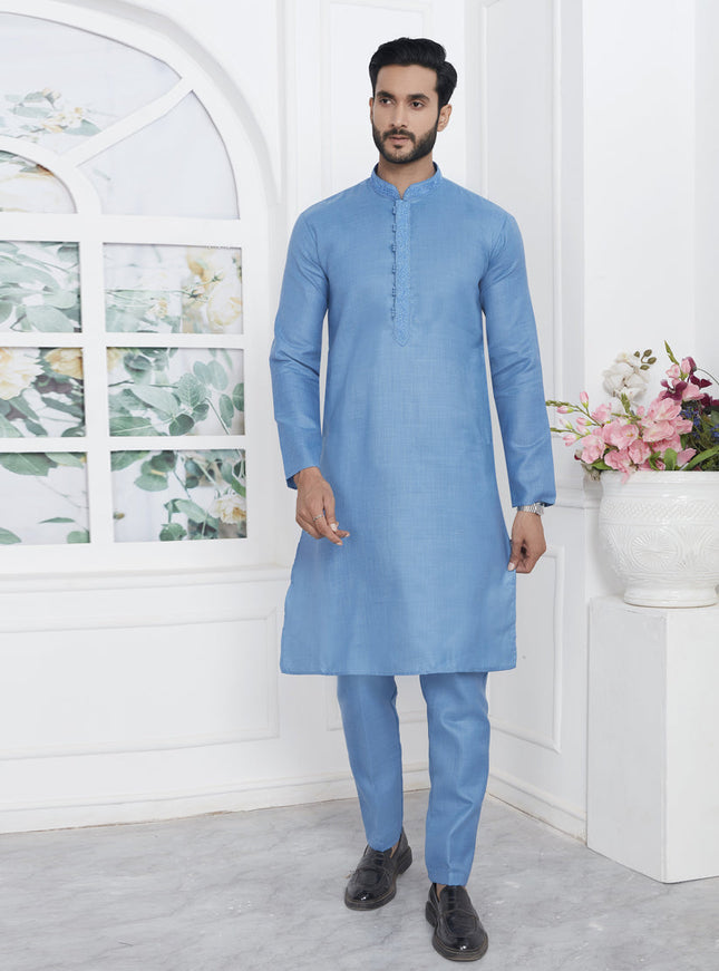 Sky Blue Cotton Kurta Pyajama Set