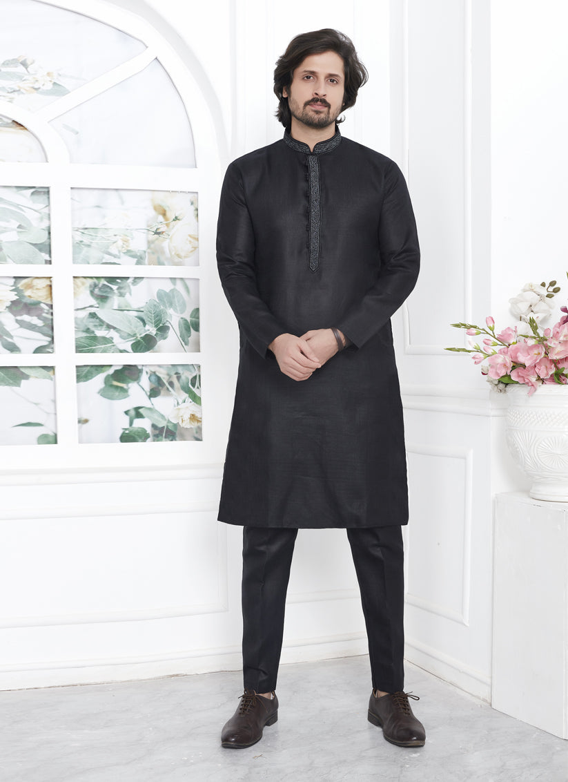 Black Cotton Kurta Pyajama Set