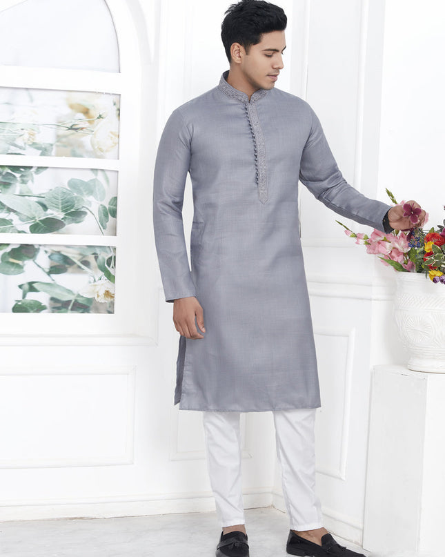 Grey Cotton Kurta Pyajama Set