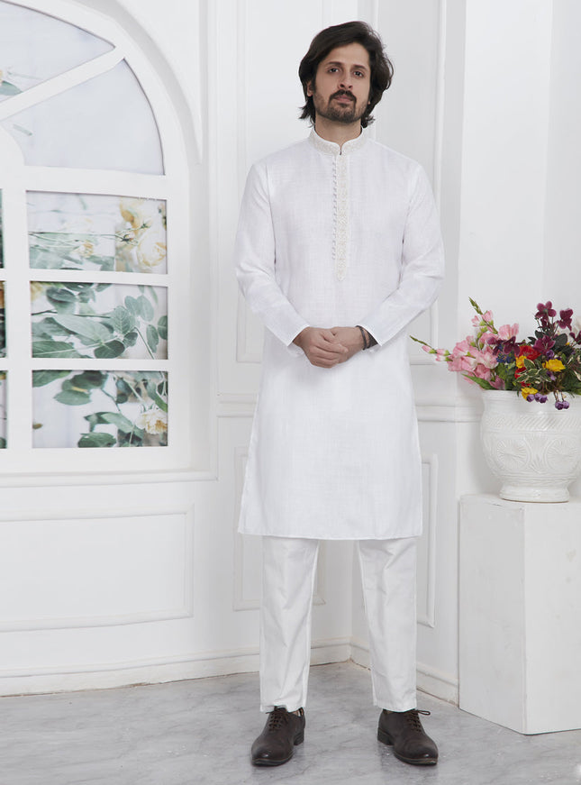 Off White Cotton Kurta Pyajama Set