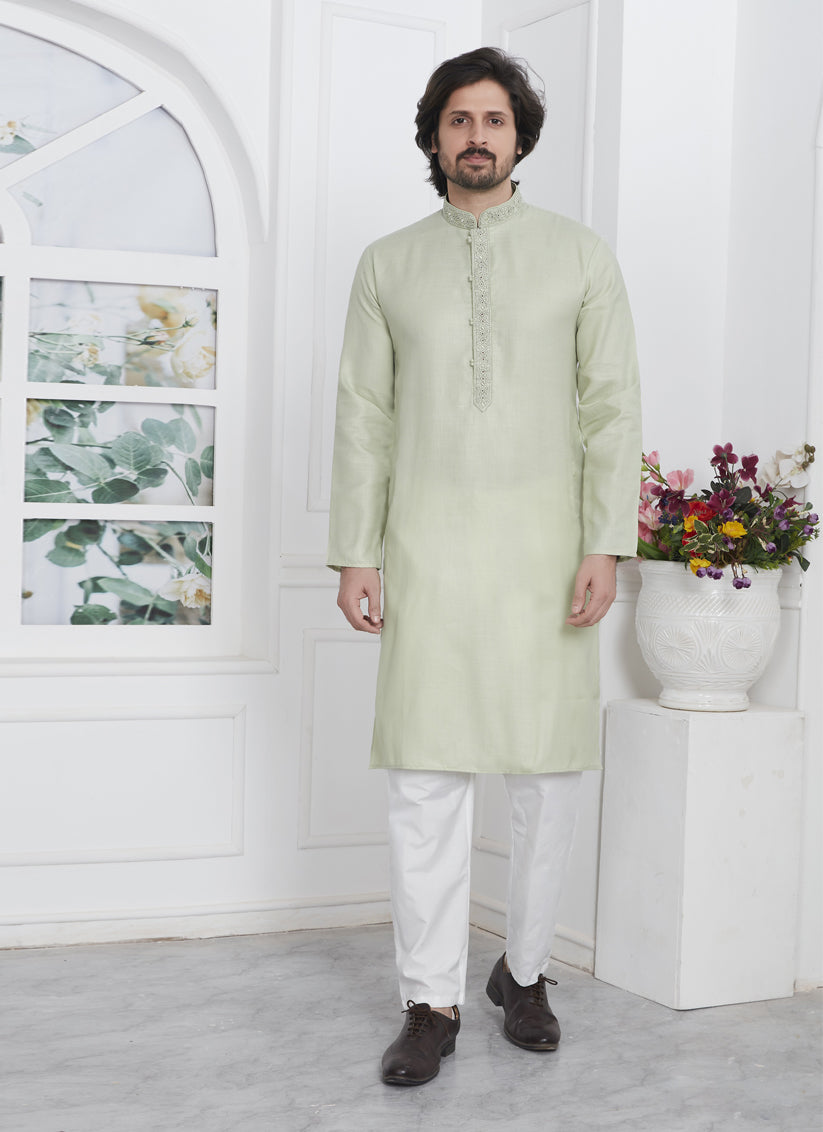 Pista Green Cotton Kurta Pyajama Set