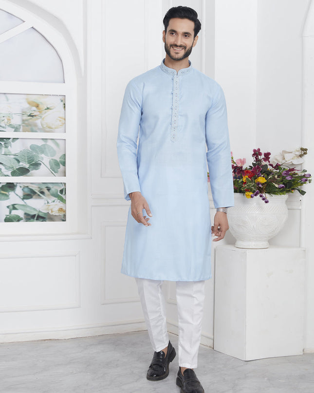Sky Blue Cotton Kurta Pyajama Set