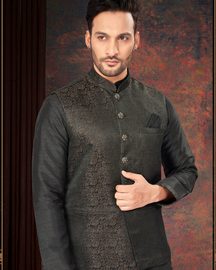 Black Mens Kurta Pajama Set With Jacket
