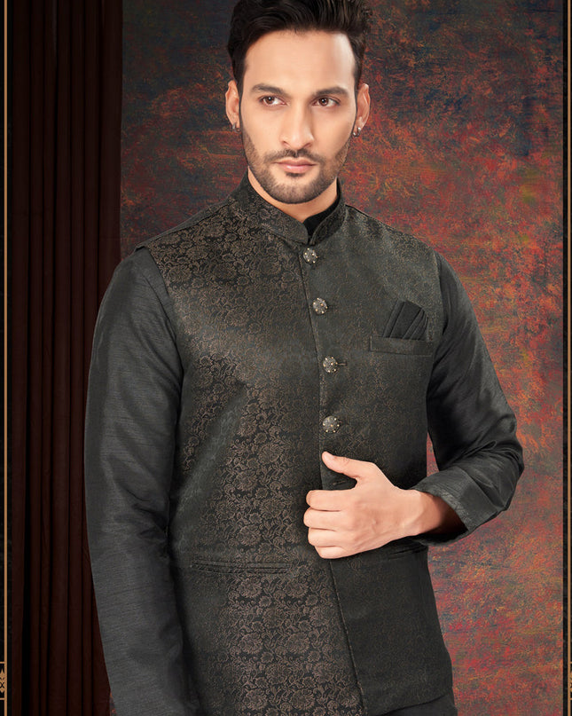 Black Mens Kurta Pajama Set With Jacket