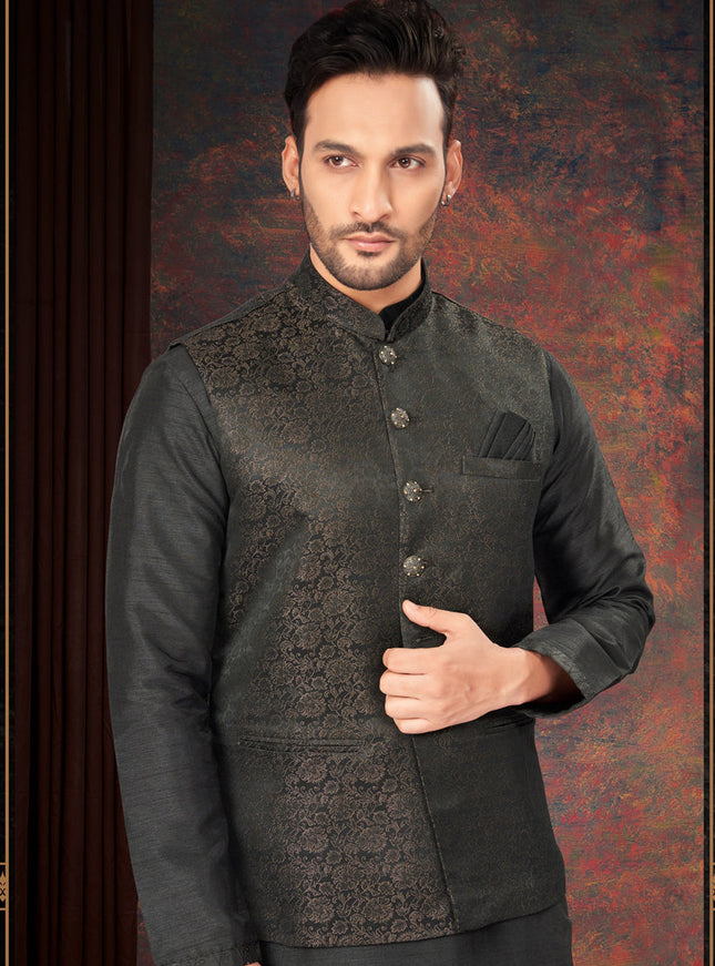 Black Mens Kurta Pajama Set With Jacket