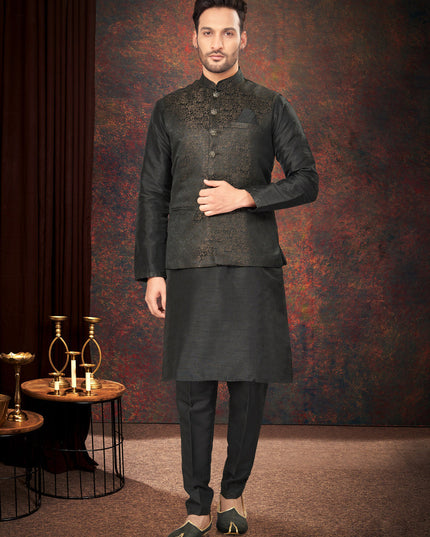 Black Mens Kurta Pajama Set With Jacket