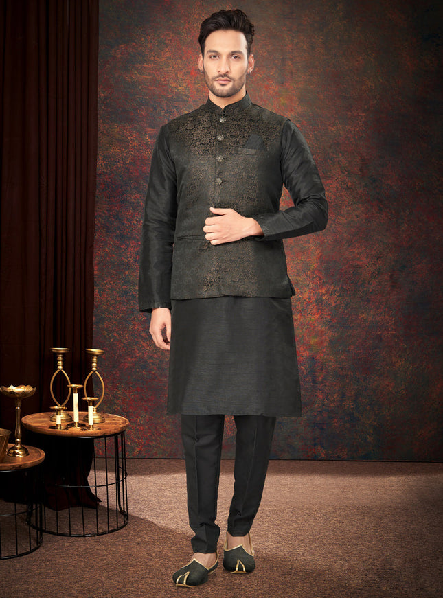 Black Mens Kurta Pajama Set With Jacket