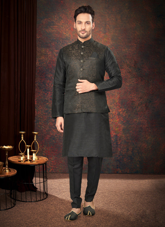 Black Mens Kurta Pajama Set With Jacket