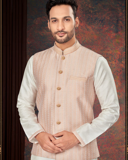 Off White Mens Kurta Pajama Set With Jacket