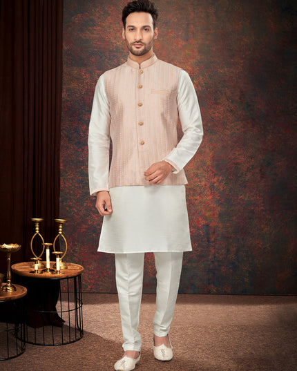 Off White Mens Kurta Pajama Set With Jacket