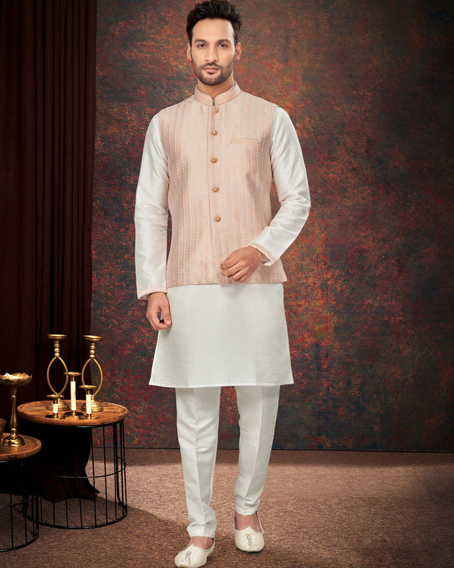 Off White Mens Kurta Pajama Set With Jacket