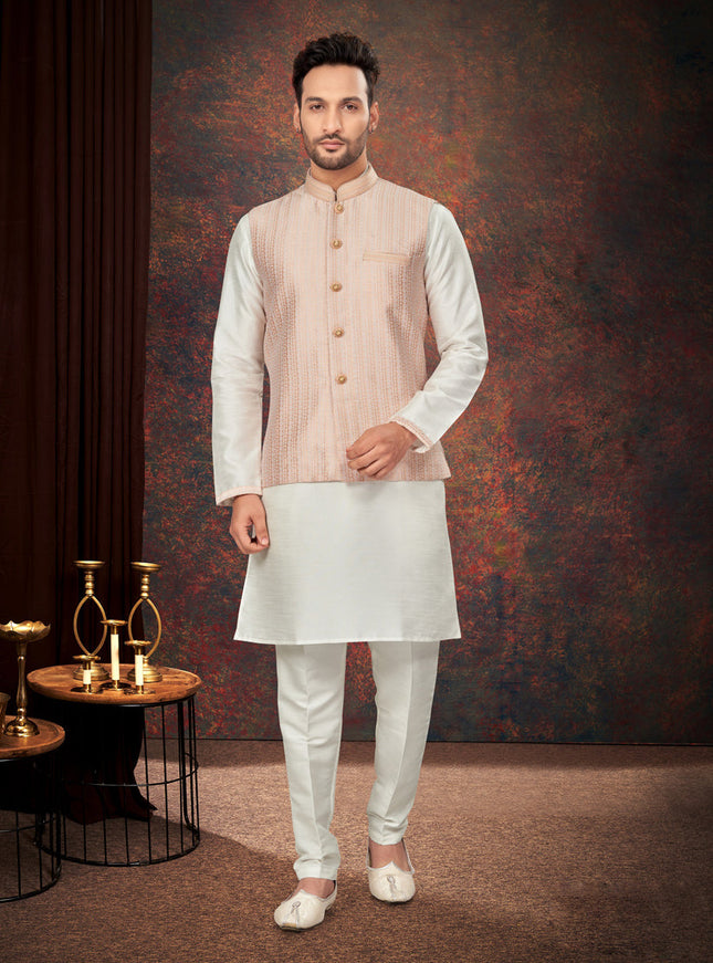 Off White Mens Kurta Pajama Set With Jacket