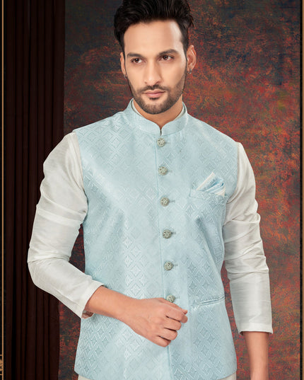 Off White Mens Kurta Pajama Set With Jacket