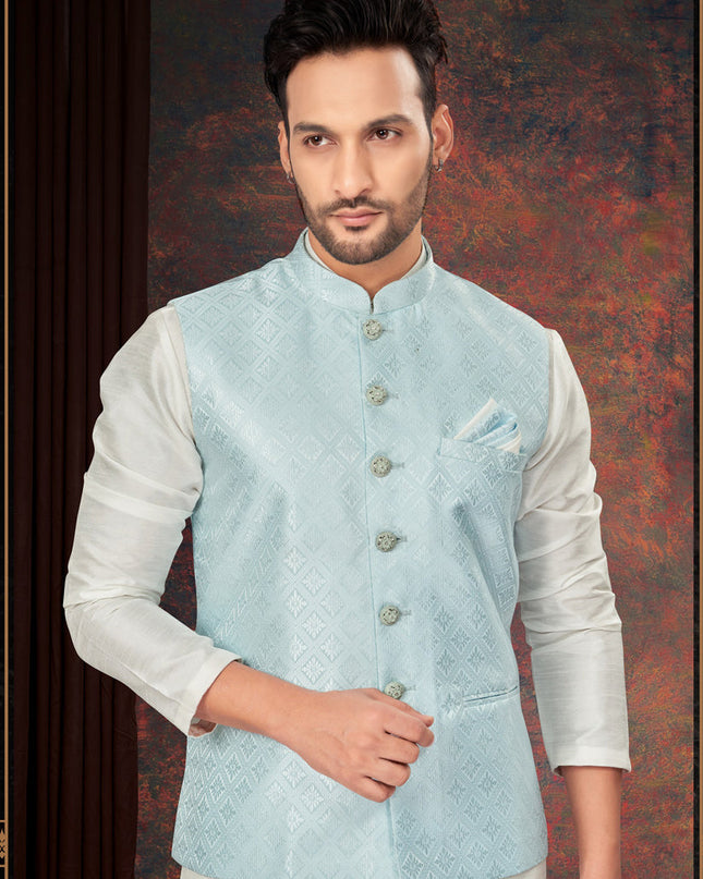 Off White Mens Kurta Pajama Set With Jacket