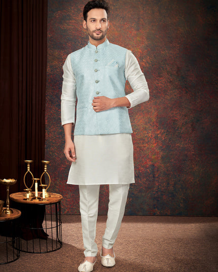 Off White Mens Kurta Pajama Set With Jacket