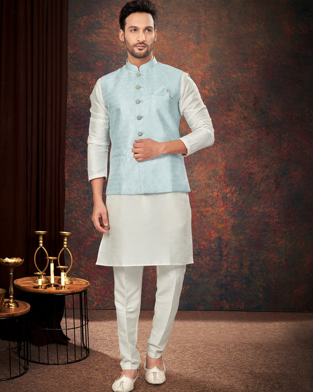 Off White Mens Kurta Pajama Set With Jacket