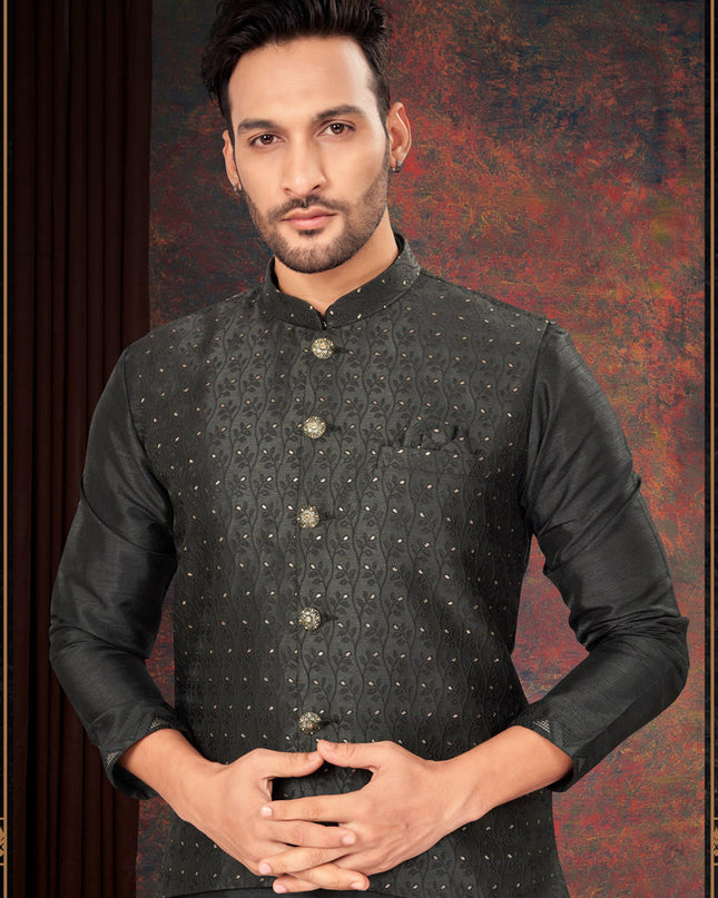 Black Mens Kurta Pajama Set With Jacket
