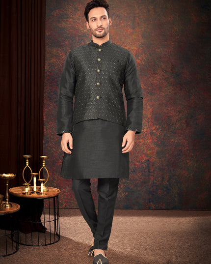Black Mens Kurta Pajama Set With Jacket