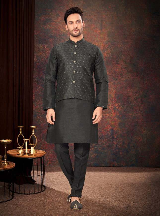 Black Mens Kurta Pajama Set With Jacket