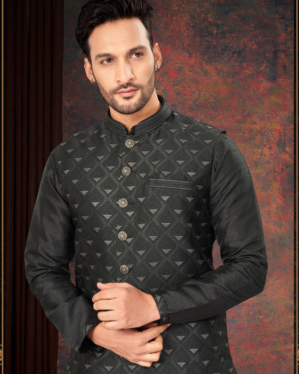 Black Mens Kurta Pajama Set With Jacket