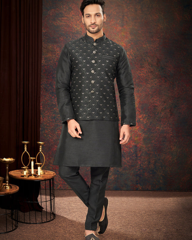 Black Mens Kurta Pajama Set With Jacket