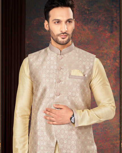 Beige Mens Kurta Pajama Set With Jacket