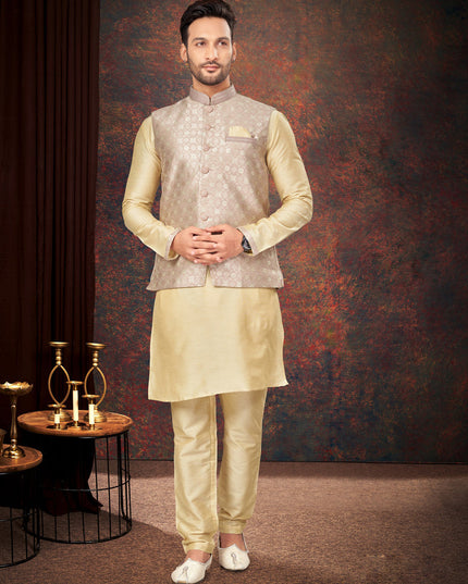 Beige Mens Kurta Pajama Set With Jacket
