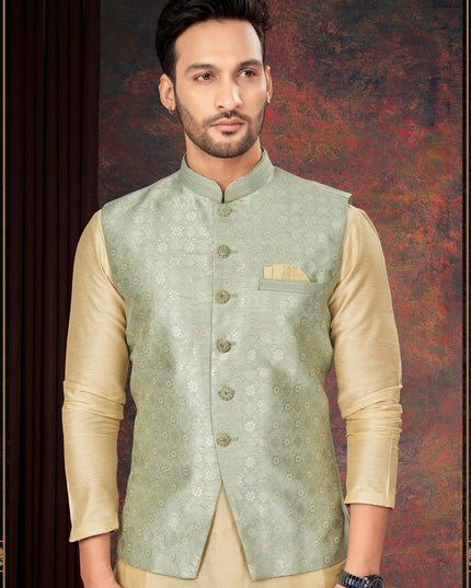 Beige Mens Kurta Pajama Set With Jacket