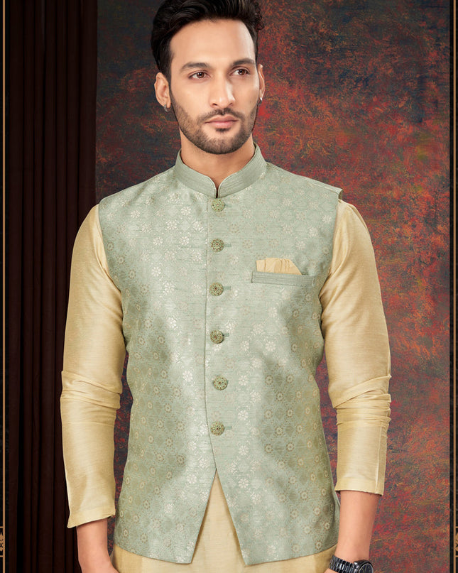 Beige Mens Kurta Pajama Set With Jacket