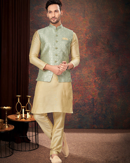 Beige Mens Kurta Pajama Set With Jacket