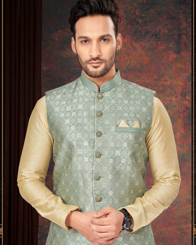 Beige Mens Kurta Pajama Set With Jacket