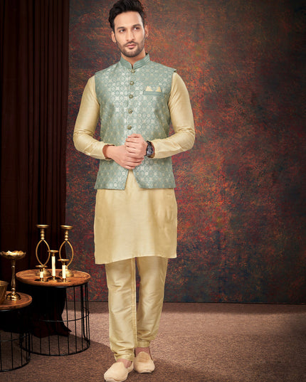 Beige Mens Kurta Pajama Set With Jacket