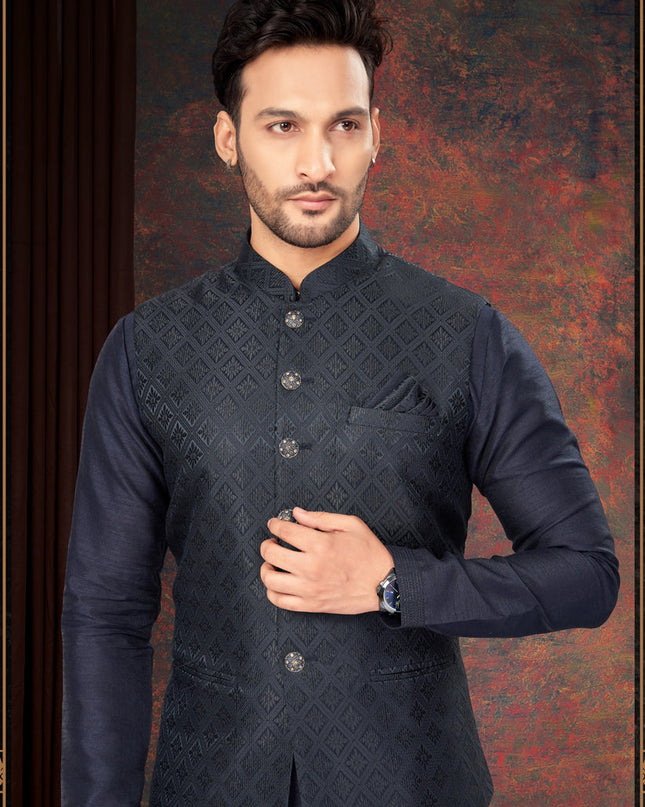 Navy Blue Mens Kurta Pajama Set With Jacket