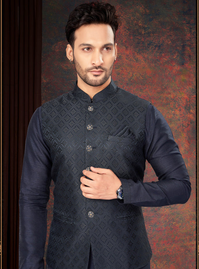 Navy Blue Mens Kurta Pajama Set With Jacket